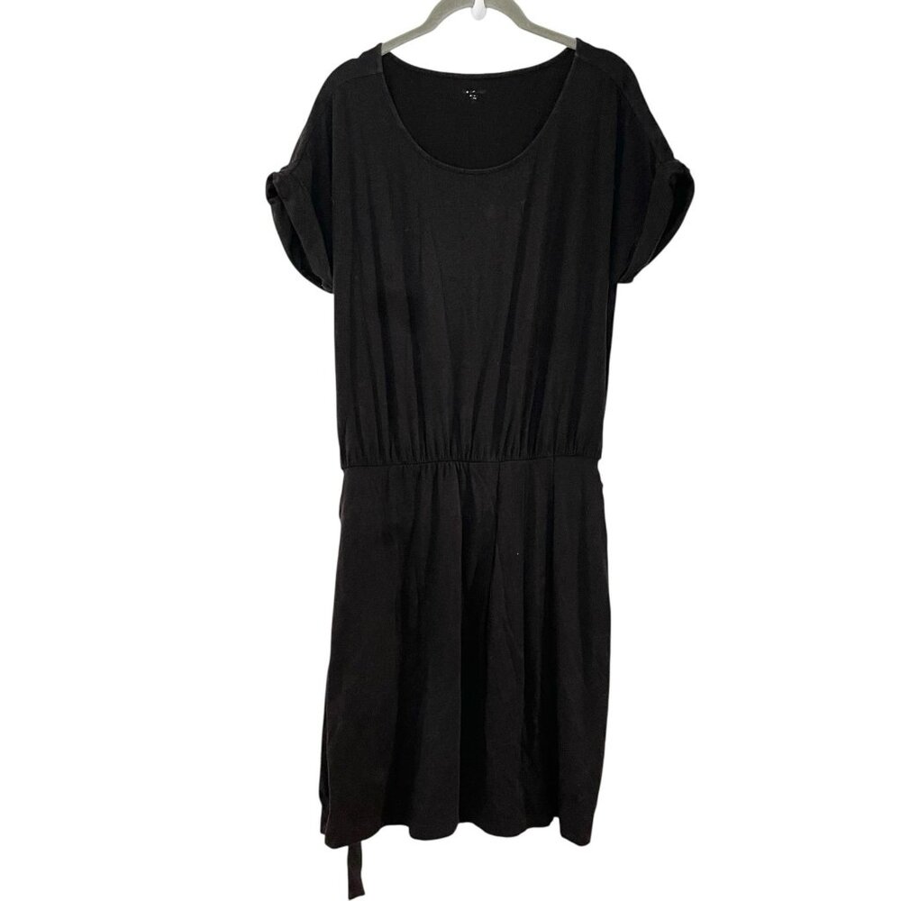 Garnet Hill Black Short-Sleeve Tie-Waist Dress Organic Cotton Lyocell Soft M